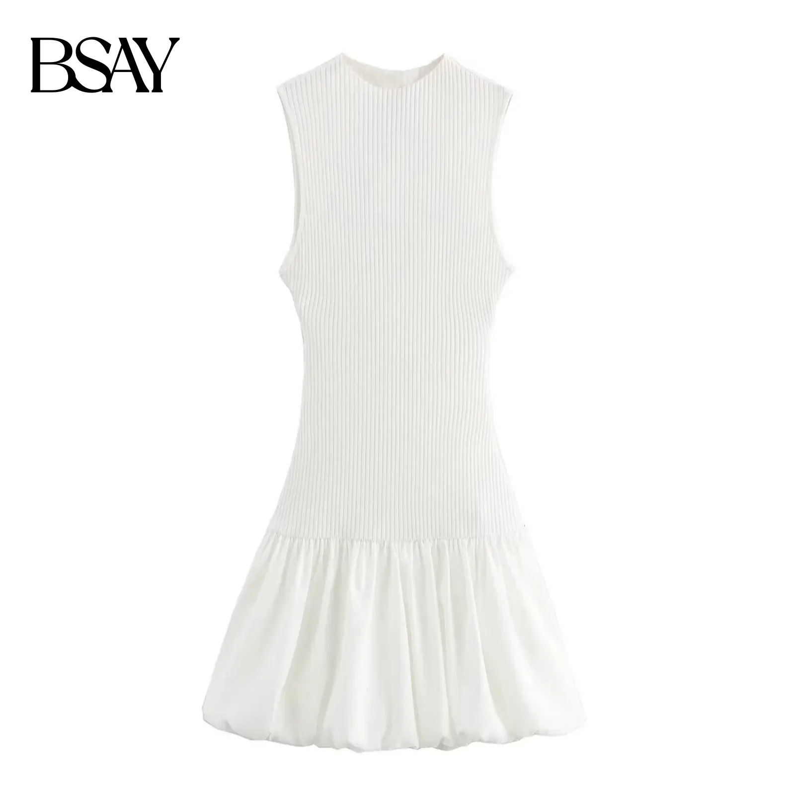 BSAY femmes mode été nouveau ballon fileté dos nu col rond court gilet robe Chic femme élégante sans manches robes de soirée