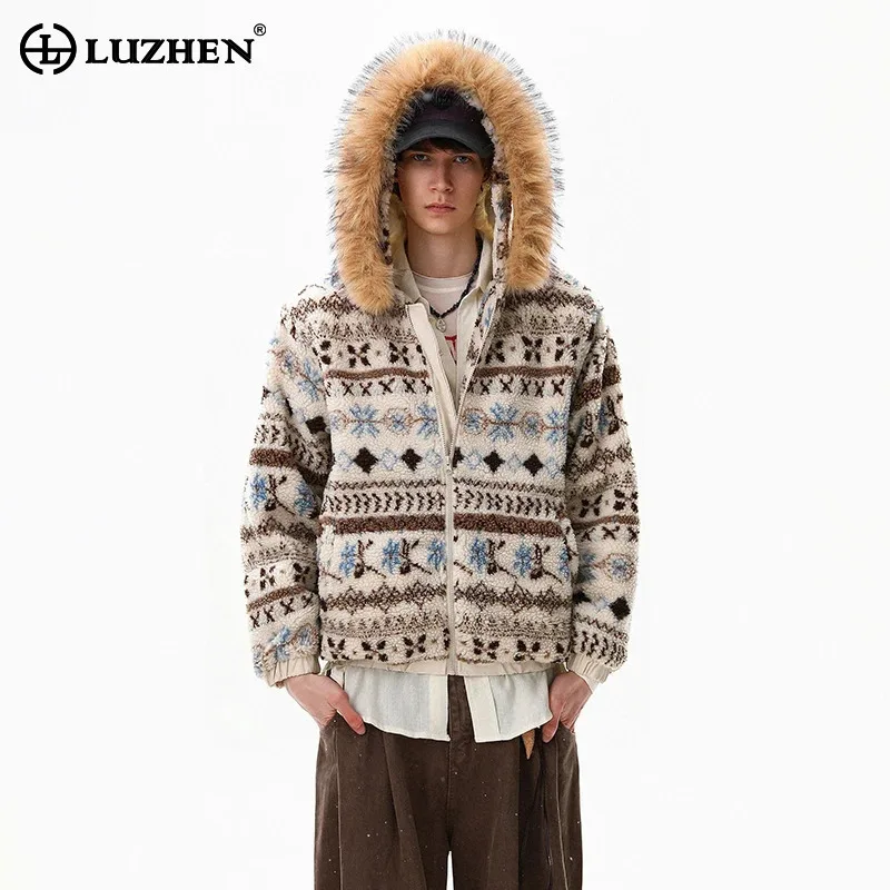 

LUZHEN 2025 Winter New Original Geometric Pattern Faux Fur Hooded Knitted Cardigan Coat Men's Fashion High Quality Parka JY5665