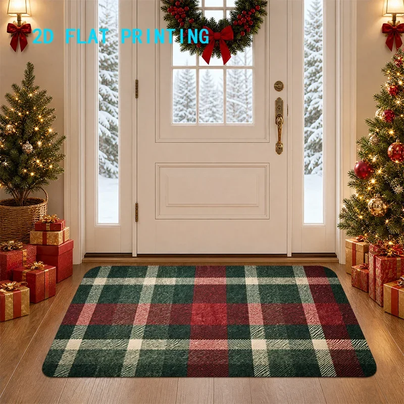 1pc 2D Flat Christmas Plaid Home Entryway Area Rug, Holiday‑Style Colorful Non‑Slip Machine‑Washable Decor Floor Mat
