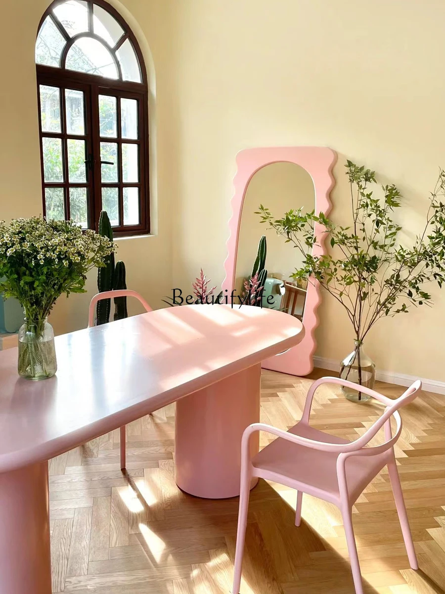 Cream Style Dining Table Home Oval Pink Workbench Modern Minimalist