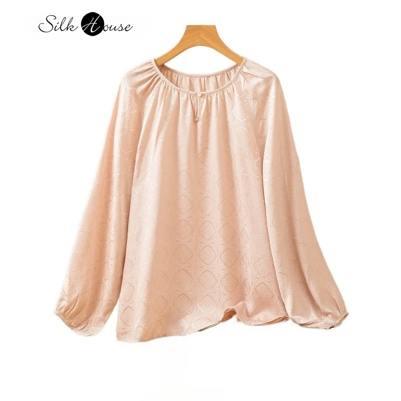 الملابس النسائية 100% التوت الطبيعي الحرير الجاكار زهرة الورد الجولة الرقبة فانوس بأكمام طويلة تنوعا تي شيرت غير رسمي #2