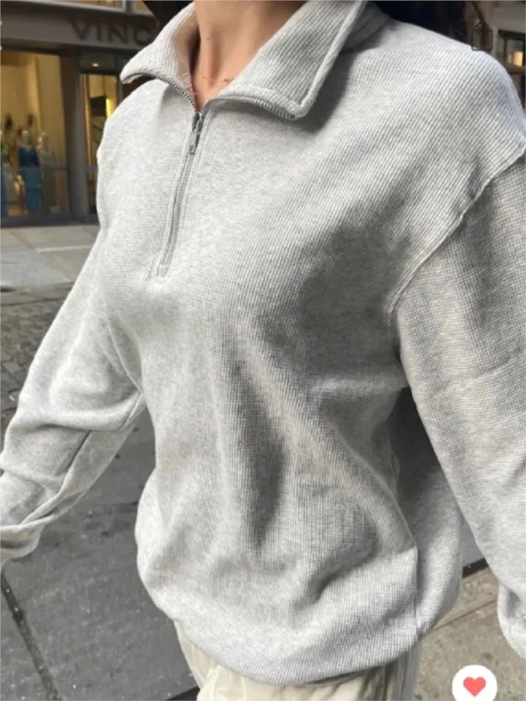 Simple Gray Waffle Half Zip-up Sweatshirts Women Autumn New Casual Cotton Long Sleeve Hoodies Streetwear Sweet Pullover Tops Y2K