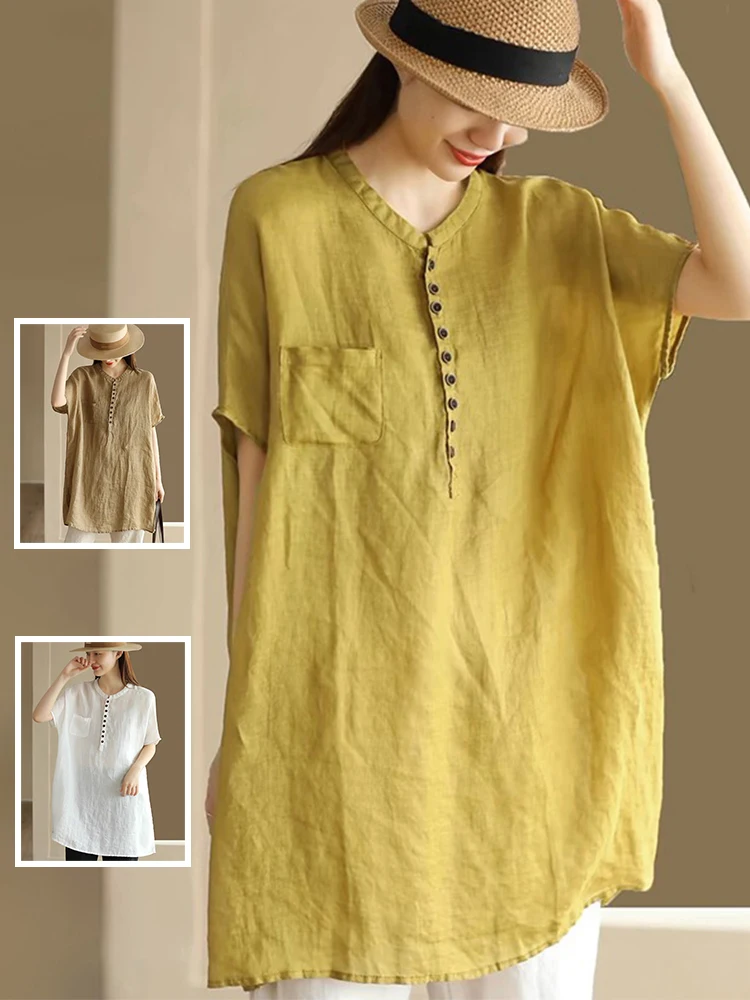 

Artistic Simple Pure Color Midi irt Loose Overhead Stand Collar Single ket Women's Summer Cotton Commute Sle Clothing