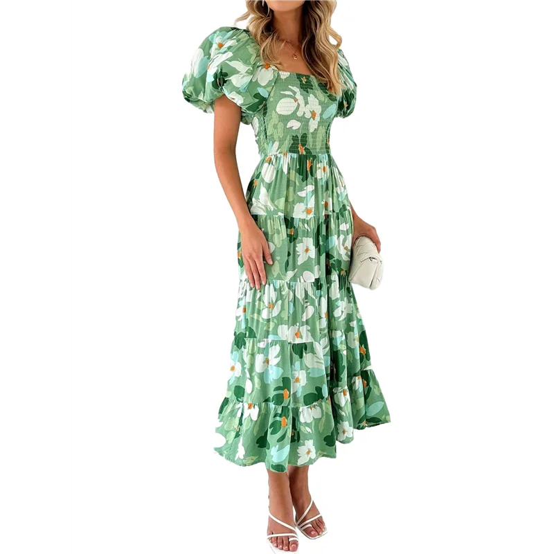 CYL-robe mi-longue décontractée d'été pour femmes, manches courtes bouffantes, col carré, smockée, robes à volants à plusieurs niveaux