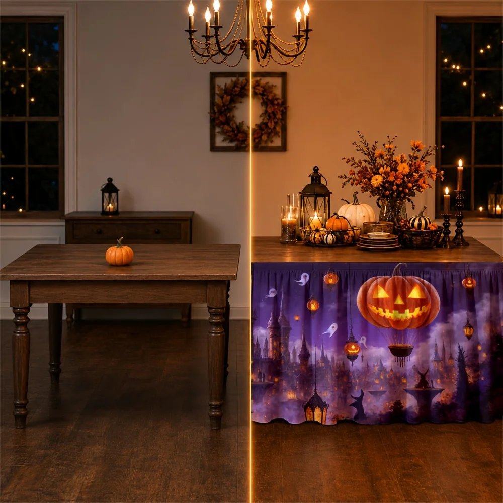 Halloween table skirt with horror, psychedelic, mysterious gothic-themed festive castle and moon pattern made of polyesterzyc