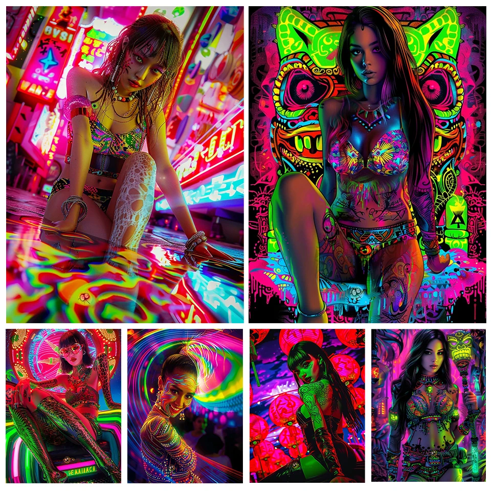 

5D Full Circle Square Diamond Painting Art New 2024 Sexy Neon Woman Photo DIY Mosaic Diamond Embroidery Home Decoration