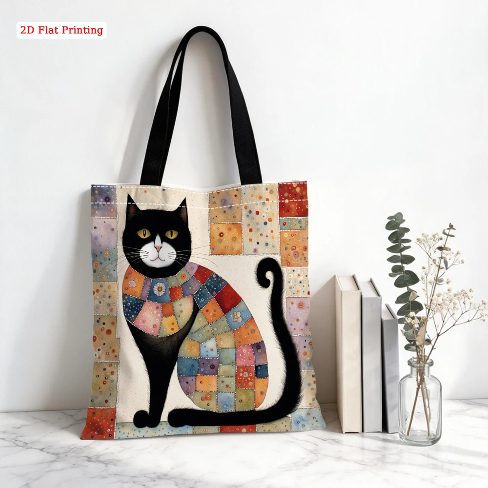 1pc Vintage Patchwork Cat Shoulder Bag Multicolor Geometric Black Cat Print Tote Bag For Shopping Travel Work Daily Use Large Ca