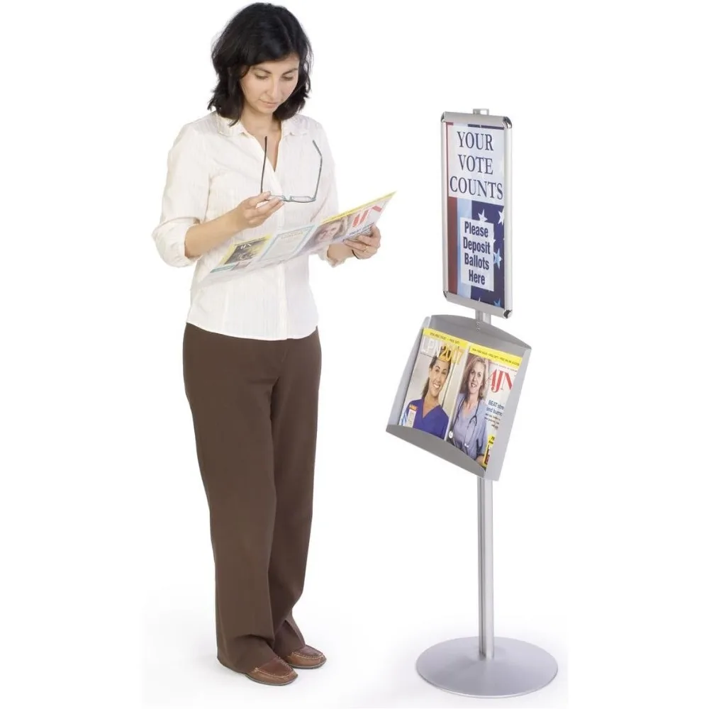 Suporte de sinal de alumínio acetinado prateado escovado e rack de literatura, 18-1/4 x 54 x 14 polegadas, para exibir pôsteres de 11 x 17 polegadas