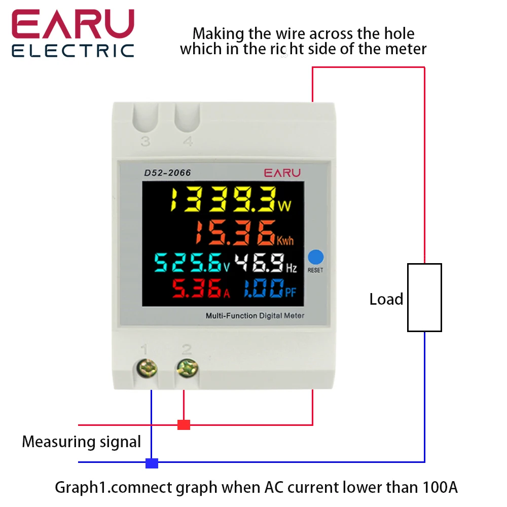 Imagem -04 - Medidor de Frequência da Energia Elétrica 6in Trilho do Ruído Monitor da C.a. Corrente da Tensão Poder Factor Ativo Kwh D522066 110v 220v 380v 100a