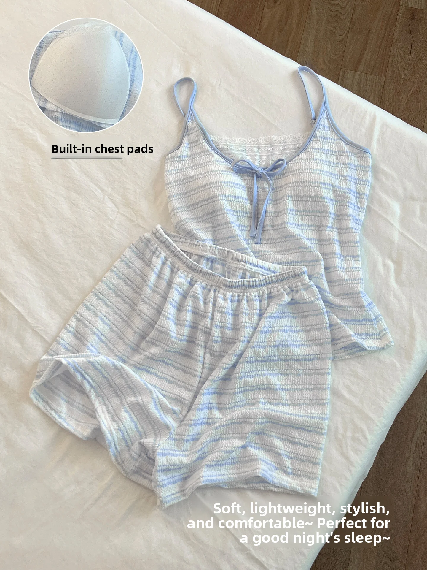 Summer Women's Cotton Nightgown with Chest Pad Striped Strap Sleepwear Home Clothes Short Pants V-Neck Adjustable Shoulder