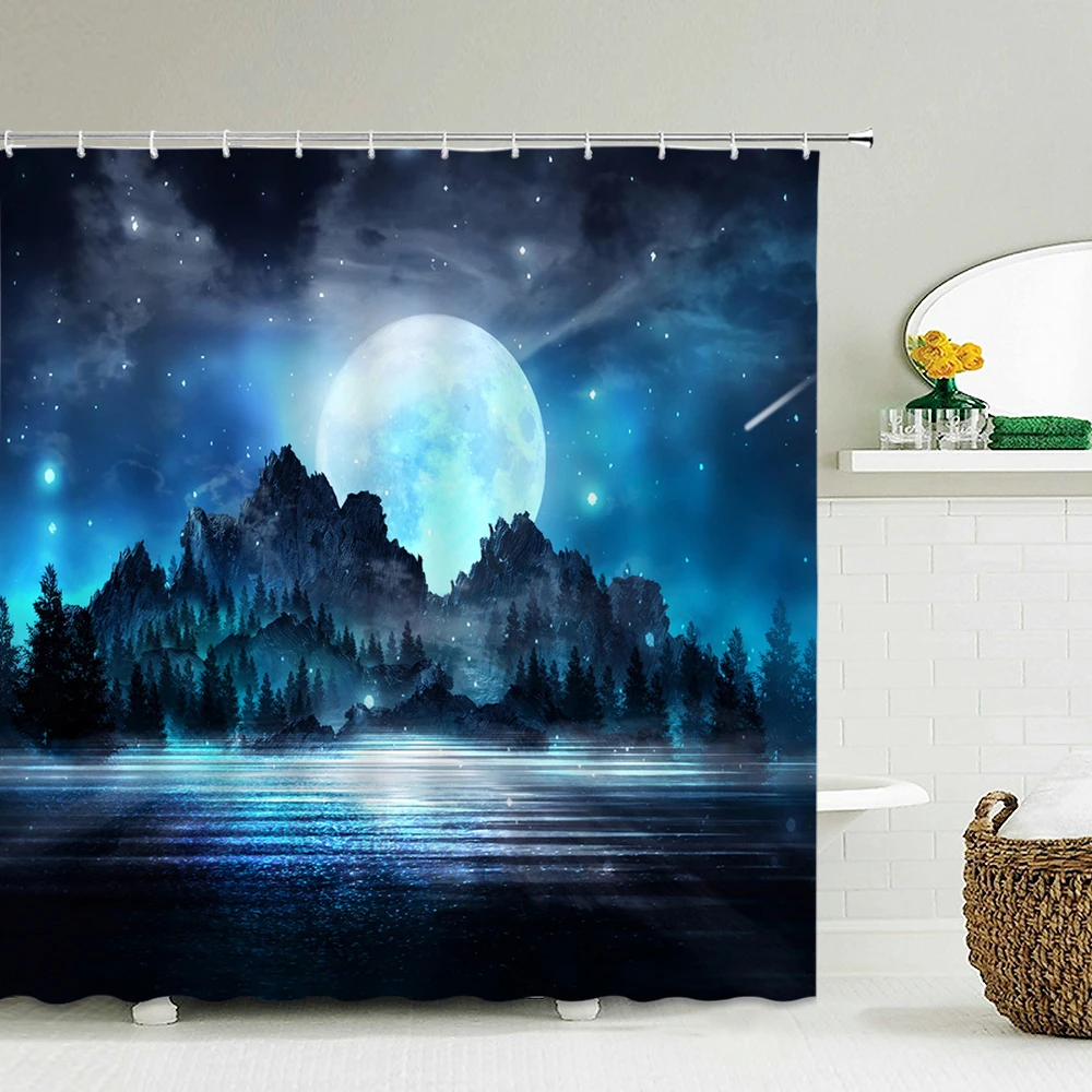 Night View Starry sky Earth Moon 3D Printing Shower Curtain with Hooks Waterproof Fabric Home Bathroom Curtains 180x180CM