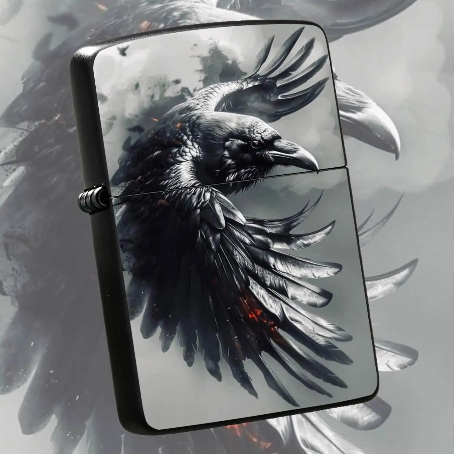 Cool Stylish Dark Raven Art Pattern Portable Lighter, Atmospheric Ink-Style Spreading-Wing Raven Themed Personal Carry Item, Practical Multi-Scenario Handy Gift For Daily Outdoor Use, Creative Trendy Quality Gadget For Gifting Or Personal U