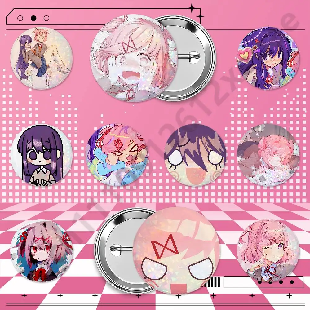 Yuri And Natsuki DDLC Holographic Badge Pins 25/32/44/58/75mm Round Anime Game Brooches Cosplay Fan Merch Bag Backpack Decoratio