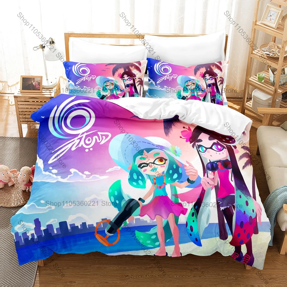Fun Shooting Game Bedding Set, Duvet Cover & 2 Pillowcases, Classic Splatoon 3 Design Comfortable Home Bedding Supplies