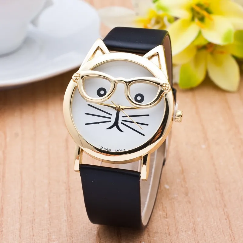 Cat Face Women's Watch Creative Belt Buckle Design Fashion Wristwatch Cute Cartoon Cat Eye Glasses Watch Novelty