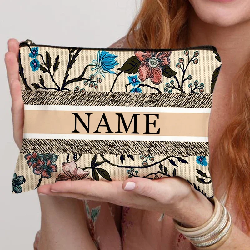 Custom Name Makeup Bag Bridesmaid Gift Travel Toiletry Cosmetic Organizer Canvas Side Bag for Ladies Pencil Case Storage Purse