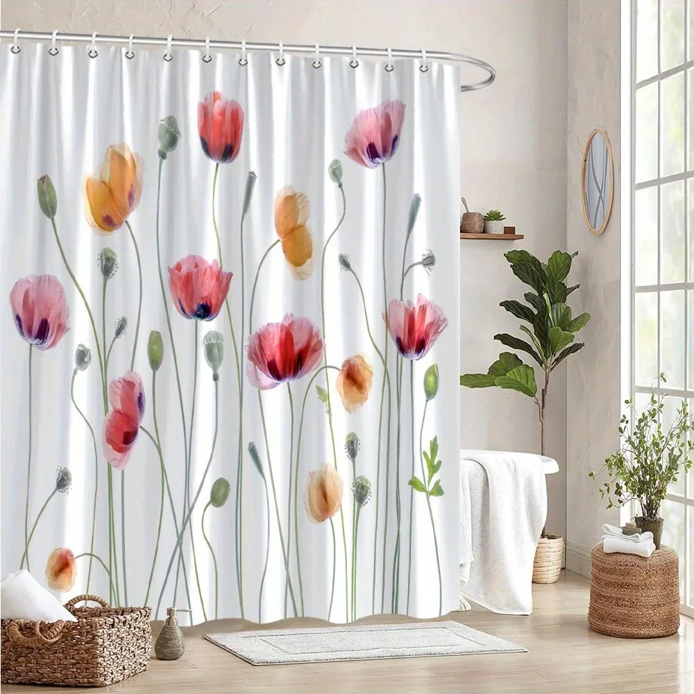 

1 модная занавеска для душа с маком, машинная стирка, полиэфирная ткань, 12 крючков, тканый акварельный декор для ванной комнаты