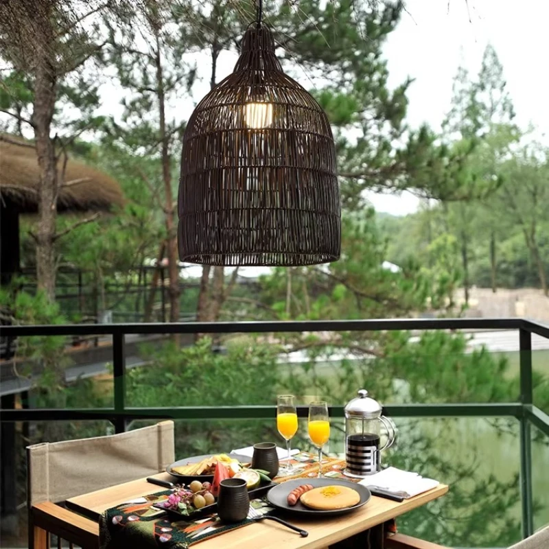 Outdoor Waterproof Pendant Light Retro Countryside Simulation Rattan Weaving Balcony Courtyard Restaurant Teahouse Chandelier