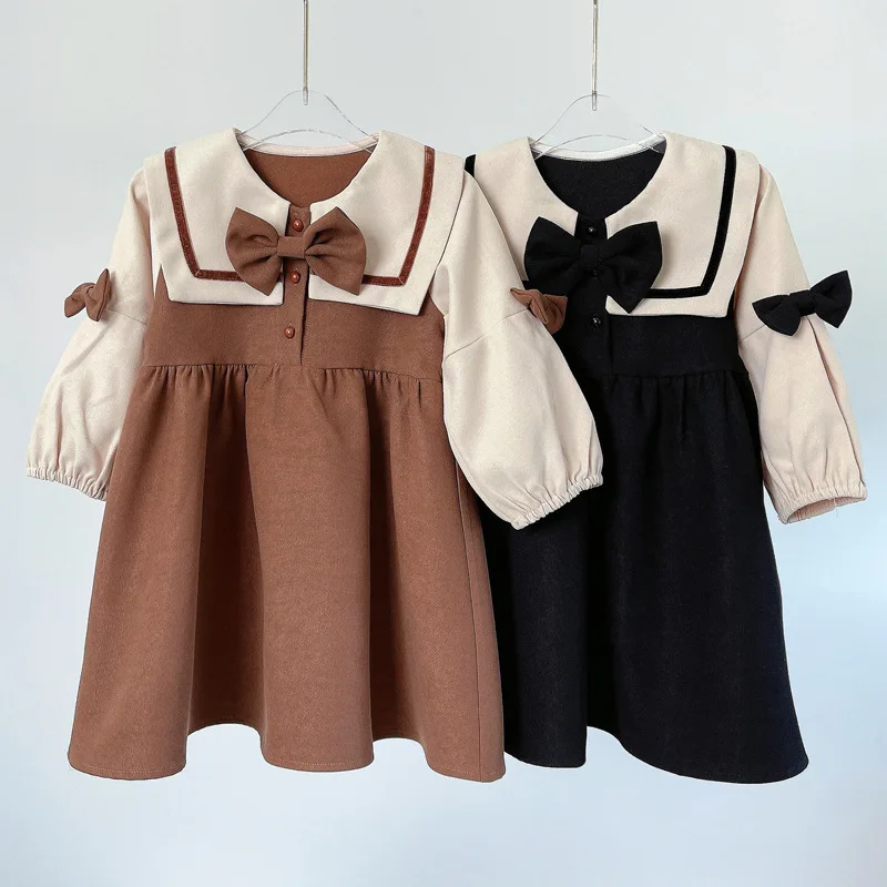 

2025 New Girls Dress Long Sleeve School Uniform Dress with Bow Tie Kids Fashion Spring Autumn Outfit 2-8 Years Baby Dresses