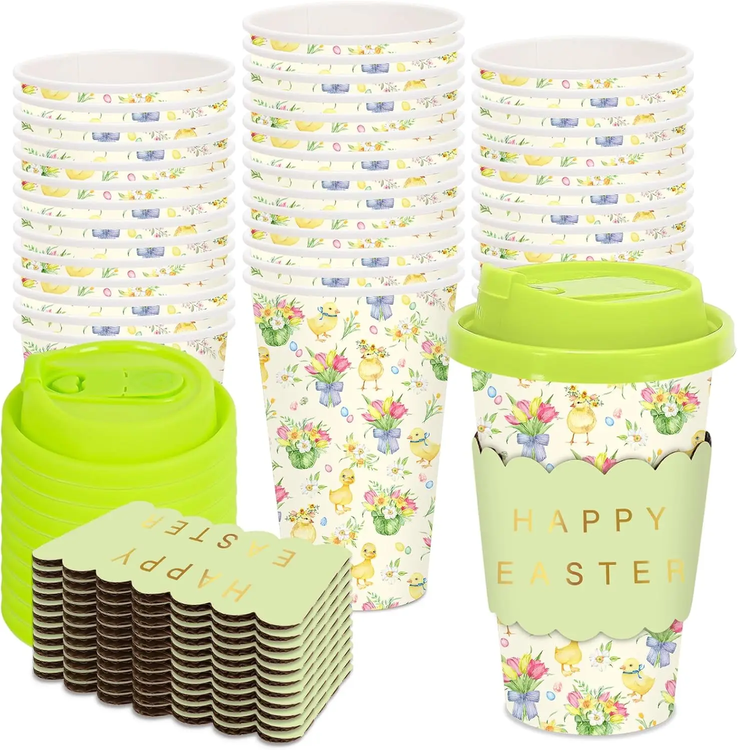 

50 Set Easter Disposable Coffee Cups with Lids Gold Foil Sleeves Paper Cup Green Yellow Chick Duck Floral Drinking Cups