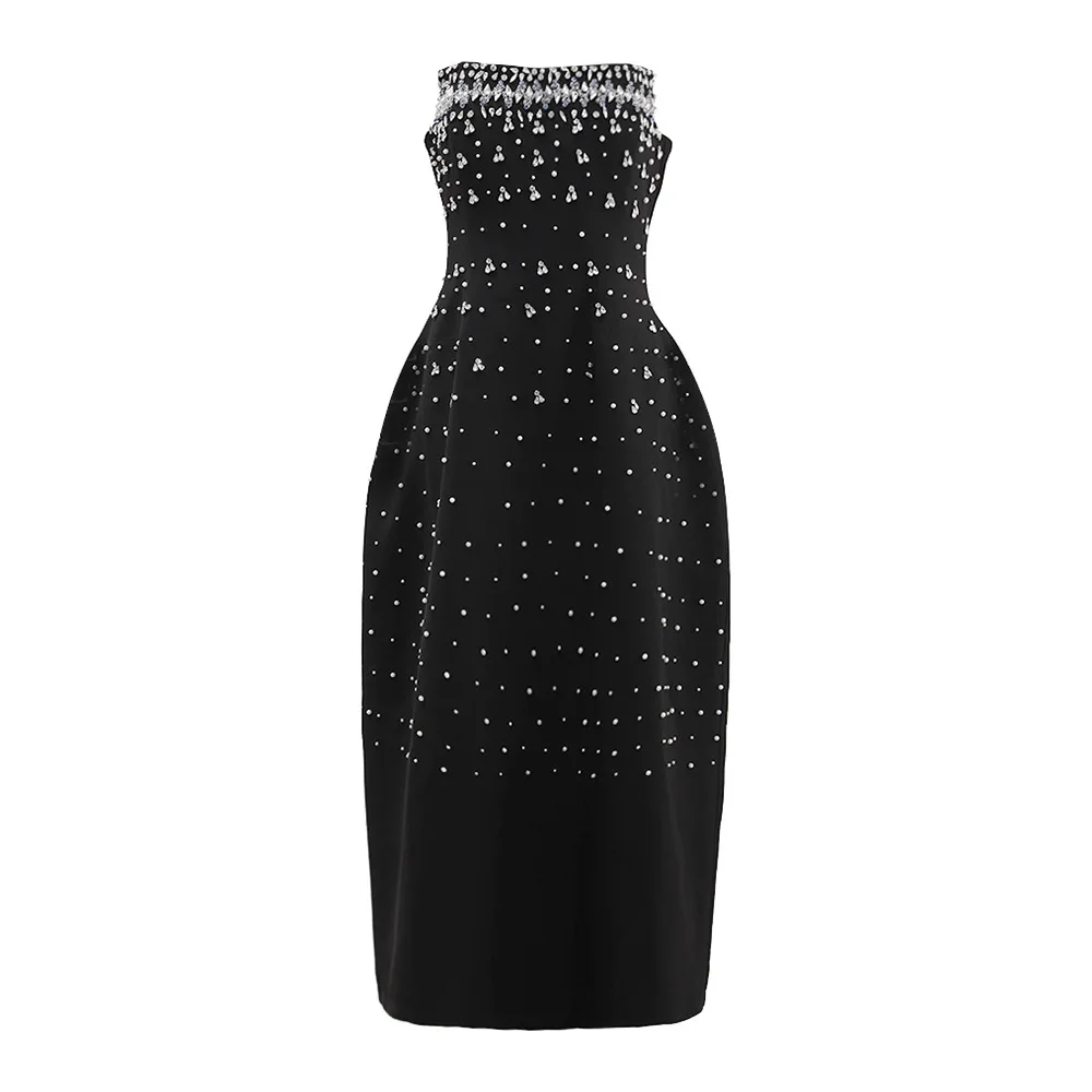 Women's French heavy industry advanced sense with diamond studded nails beaded chest sleeveless waist collection long dress