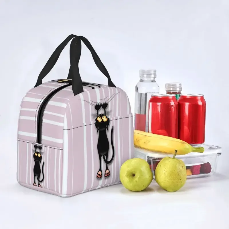 Fun Black Cat Falling Down Insulated Lunch Box for Women Portable Warm Cooler Thermal Lunch Bag School Food Picnic Tote Bags