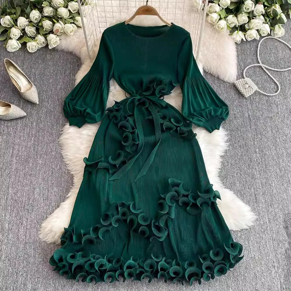 2024 New Fashion Spring Miyake Pleated Midi Dress Elegant Women Round Collar Long Sleeve Spliced Ruffles Long Party Clothing