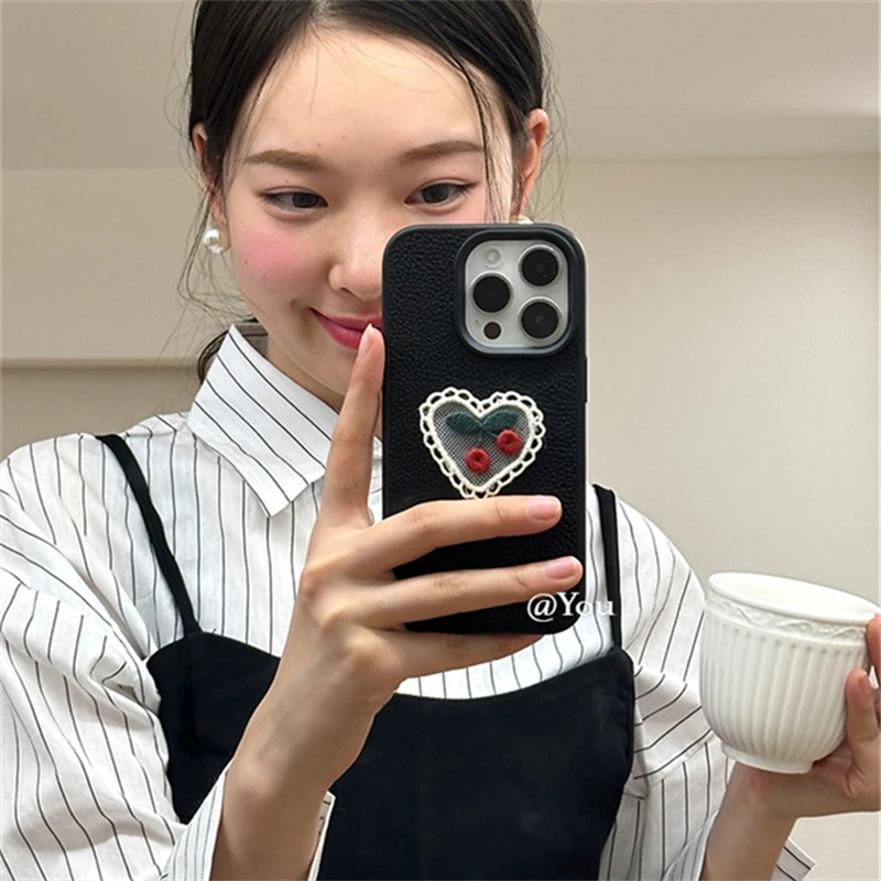 Korean Love Heart Lace Cherry Phone Case For iphone 16 15 14 13 12 Pro Max Plus 11 Litchi Pattern Cover Ins Girl Cute Soft Shell