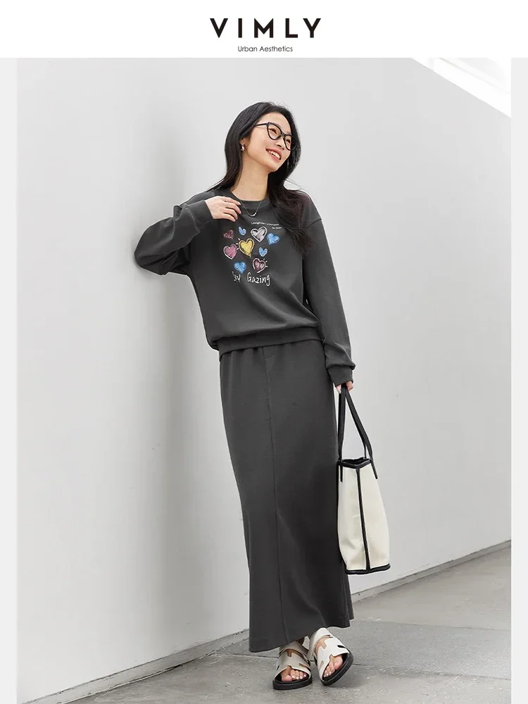 

VIMLY Women Sporty Casual Sweatshirt Skirt Sets 2025 Spring Heart Printed Pullover +Elastic Waist Straight Skirt Commuter Sets