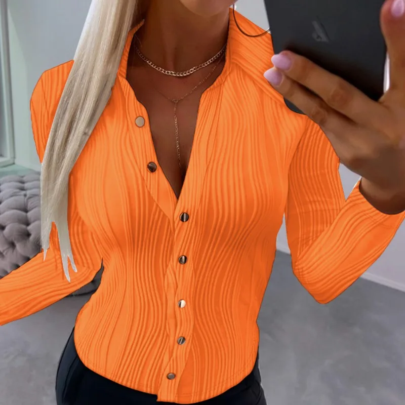 2023 Spring and Autumn Women\'s Cardigan V-neck Long Sleeve Solid Stripe Button Elastic Sexy Slim Fashion Casual Shirt Tops