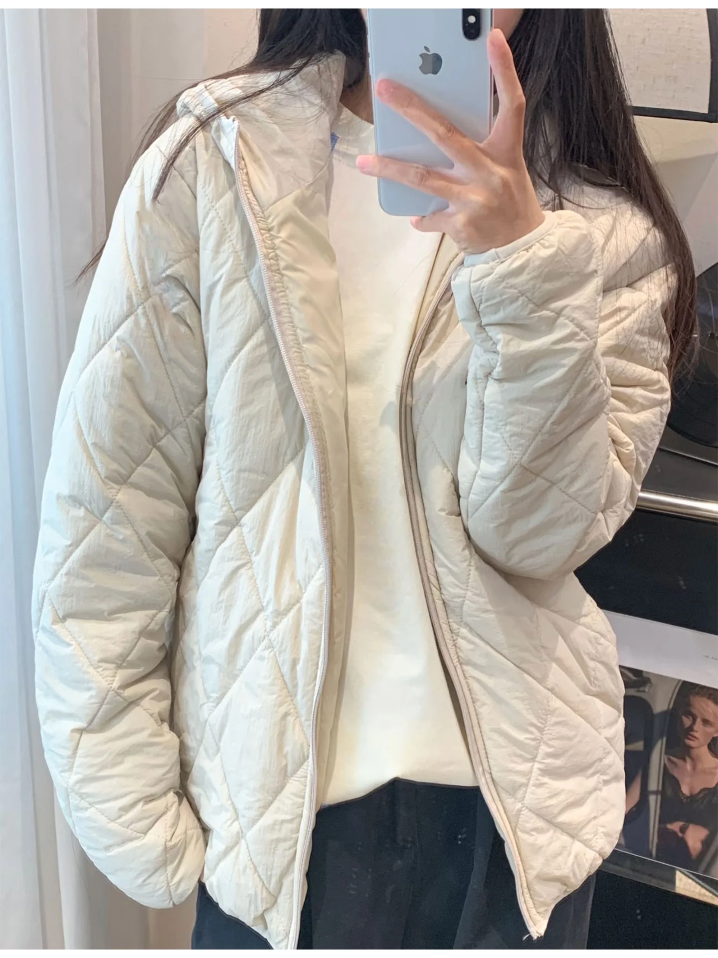 

Lightweight Warm Silk ex Outdoor Windproof Hooded Diamond Pattern Cotton Jaet Youth Faion Long Sve Casual