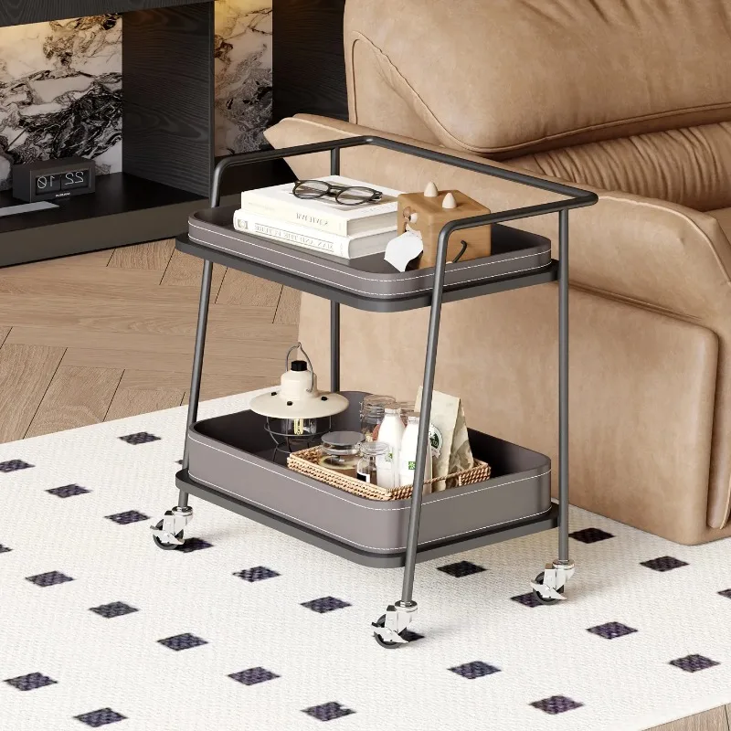 Saddle Leather Rolling Cart, Mobile Side Table with Wheels, Multi-Functional Metal Organizer, Rolling Utility Cart for Home