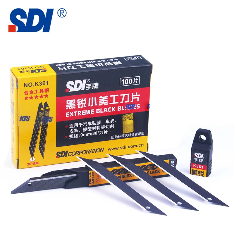 100 ชิ้น SDI K361 มีดทรัมเป็ตขนาดเล็กใบมีดเสริมเหล็กอัลลอยด์อเนกประสงค์ 30 องศามุมคม 9 มม. สำหรับฟิล์มรถยนต์ Sharp Blade ใบมีดสีดำทั้งหมดวอลล์เปเปอร์ตัดกระดาษใบเปิดกล่อง