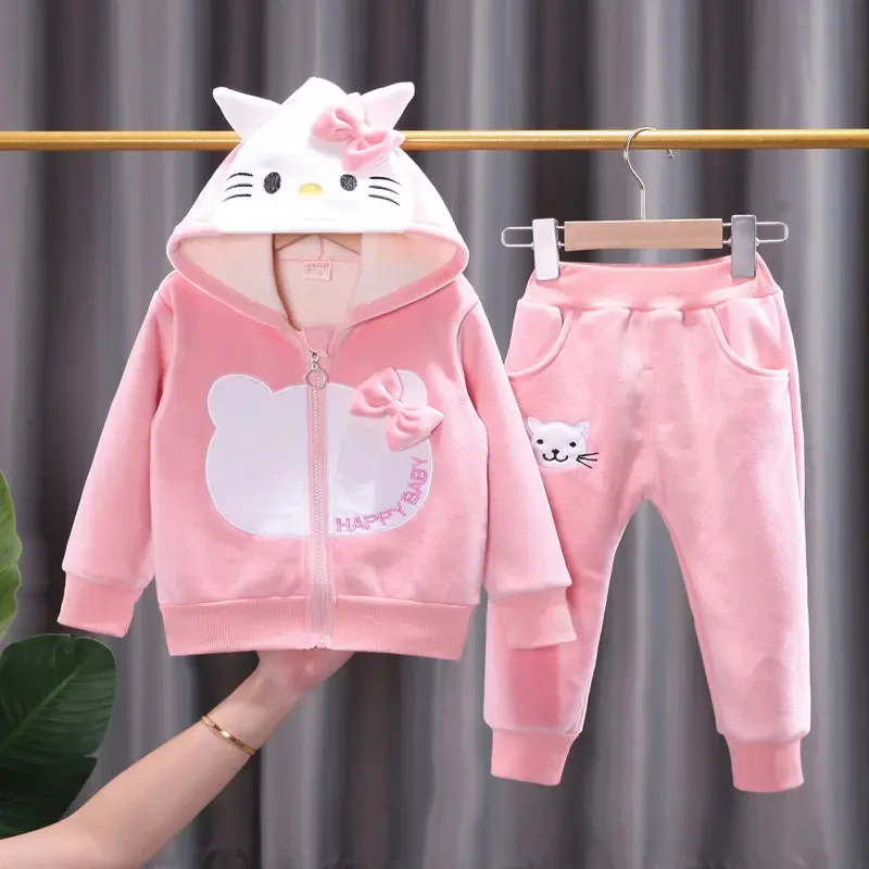 Kids Girls Winter Hoodies Clothing Sets Kids Thick Warm Velvet Clothes Sets Sport Suit For Children Cartoon Cat Fleece Tracksuit