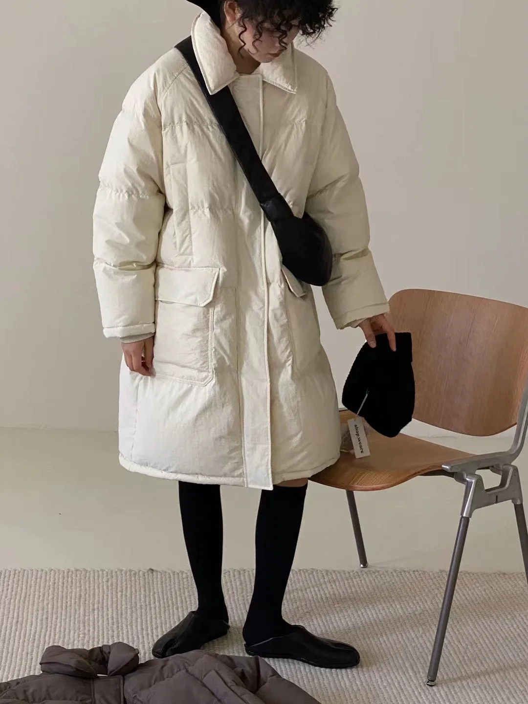 

Winter Long Style down Jacket Warm Quality Lapel Big Pocket Fashionable Korean Nylon Fabric Duck down Filling No Hat Design