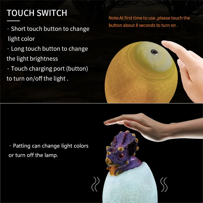 ABLK 3D Night Light Triceratopses ไข่โคมไฟตั้งโต๊ะ 16 สีรีโมทคอนโทรลแบบสัมผัสการ์ตูนตารางโคมไฟสําหรับตกแต่งบ้านเด็กติดตั้งง่าย