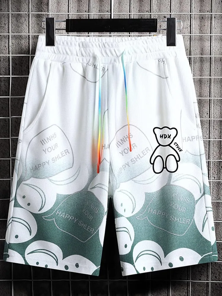 

Мужские летние модные пляжные орты средней длины с принтом из ледяного шелка, свободные спортивные повседневные дышащие орты с мультяшным анимационным узором