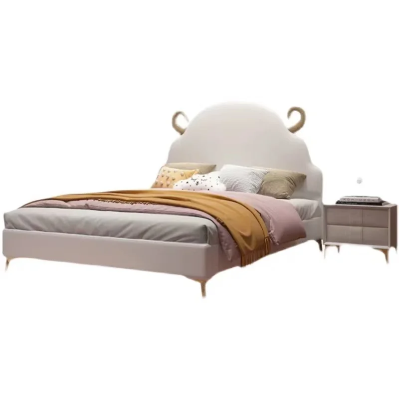 *Cute Sheep Horn Cloud Headboard Upholstered Kids Bed Soft Leather Platform Bed for Girls Children Bedroom Home Furniture