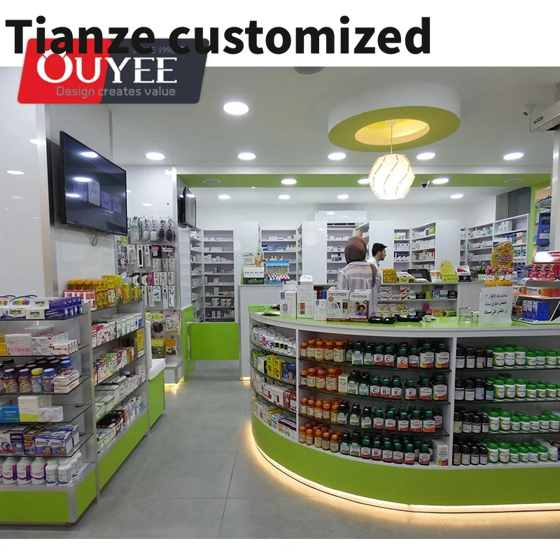 

Customized-Custom Modern Medical Store Display Counter Design Circular Wooden Display Stand Wood Pharmacy Shelves Farmacia R