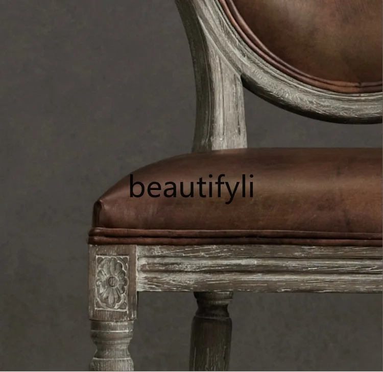 European-style Dining Table and Chairs Vintage Solid Wood Distressed Backrest Armchair American-style Chair