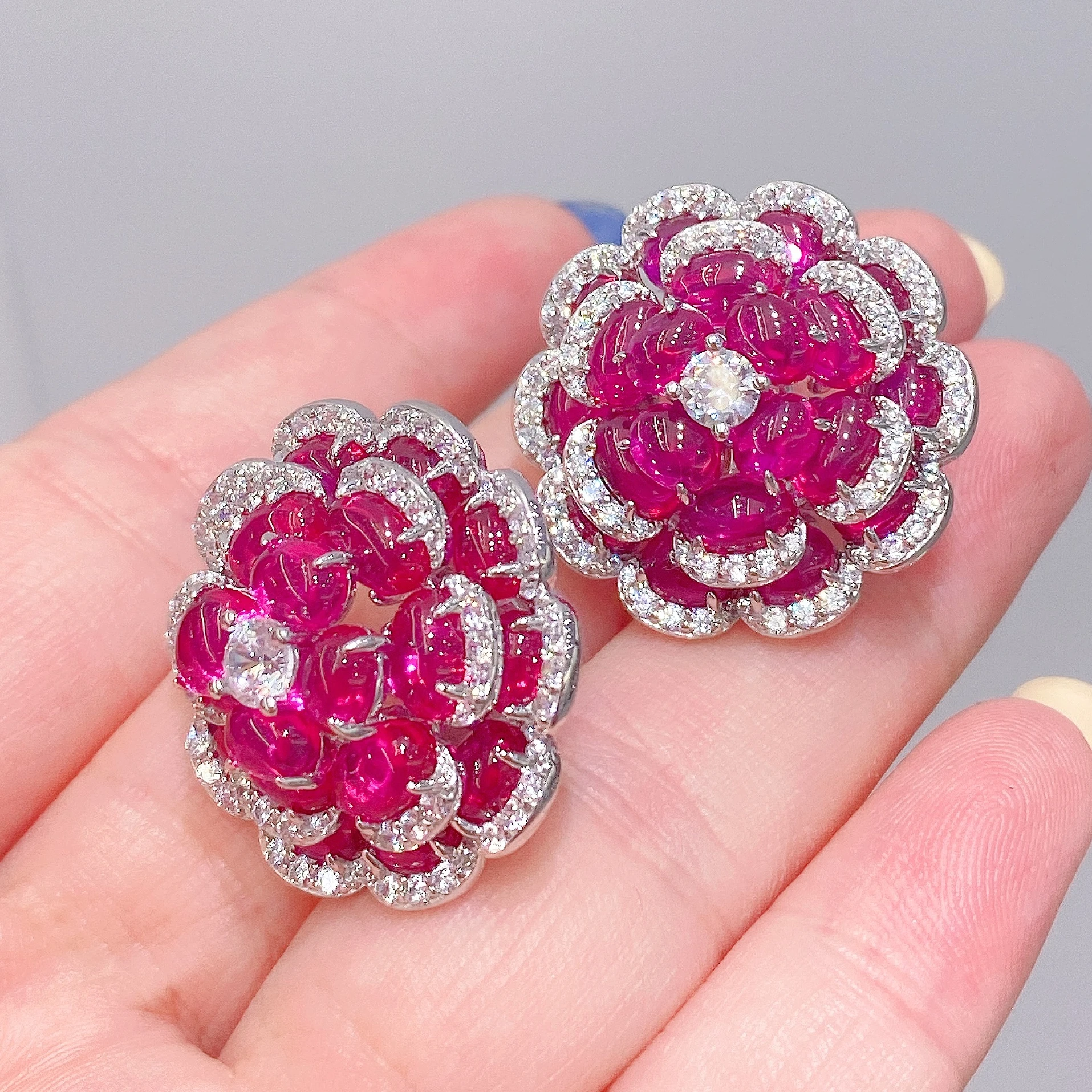 KQDANCE Synthetic Big Smooth Oval Egg Cut Red Ruby Gemstone Lotus Rose Flower Earrings Silver 925 Luxury Designer Jewelry