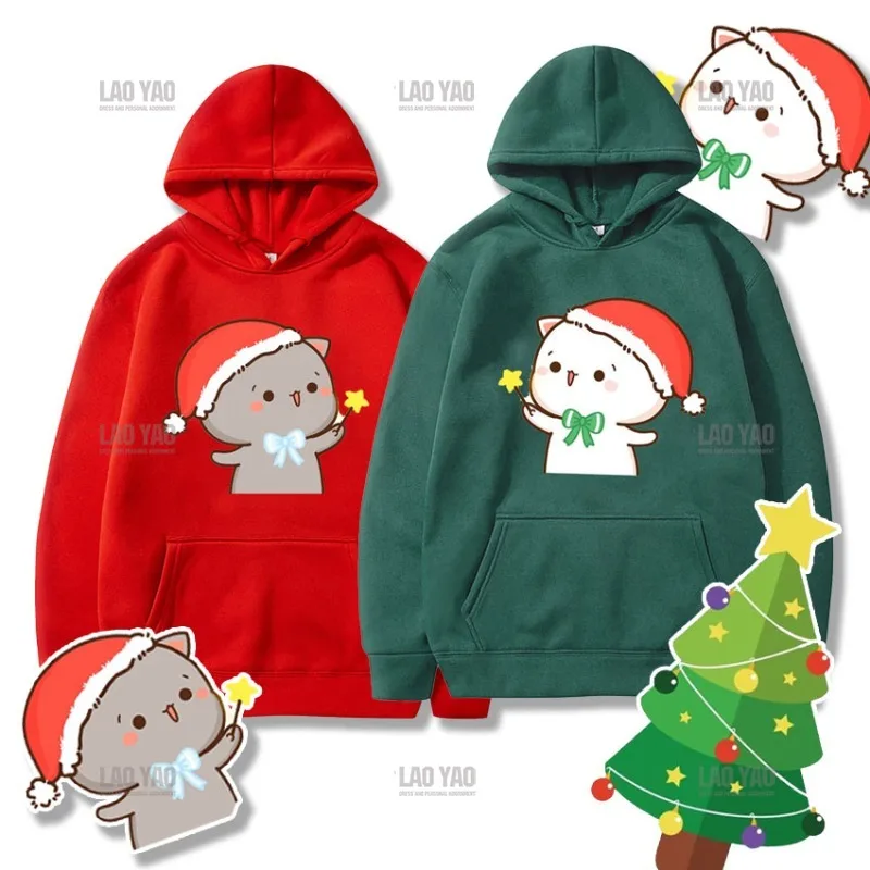 Couple Clothes Christmas Themed Sweatshirt Cute Christmas Peaches and Ash Ash Wear A Santa Hat Hoodies Funny Cartoon Pullovers