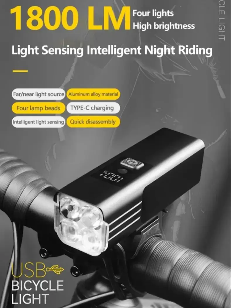 AliExpress cycle zone MTB Bicycle Headlights Smart Light Sensing Flashlight 4 LED Digital Display Front Light High Lightness 5 Modes Rechargable Lamp