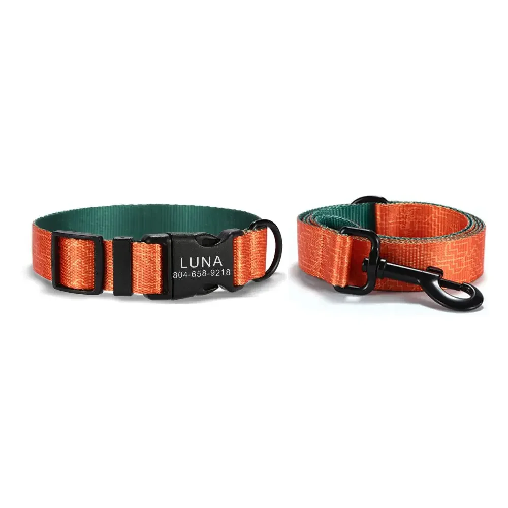 

Personalized Pet Collar Customized Nameplate ID Adjustable Orange Maze Soft Fiber Cat Dog Collars Lead Leash