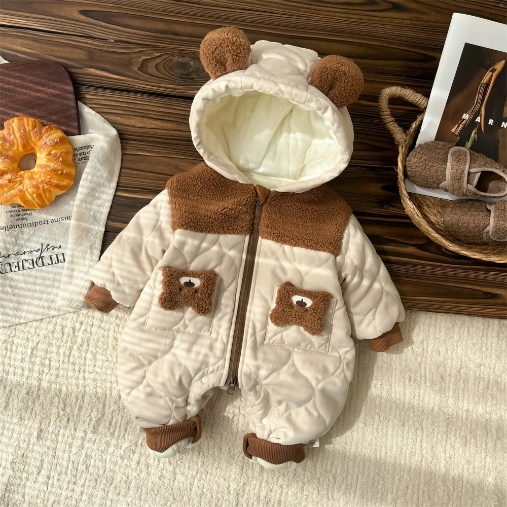 UNIFEMEN Baby Boys Winter Bodysuit Stylish Fleece Color Blocked Teddy Bear Infant Boys Jumpsuit Toddler Boys Hooded Rompers