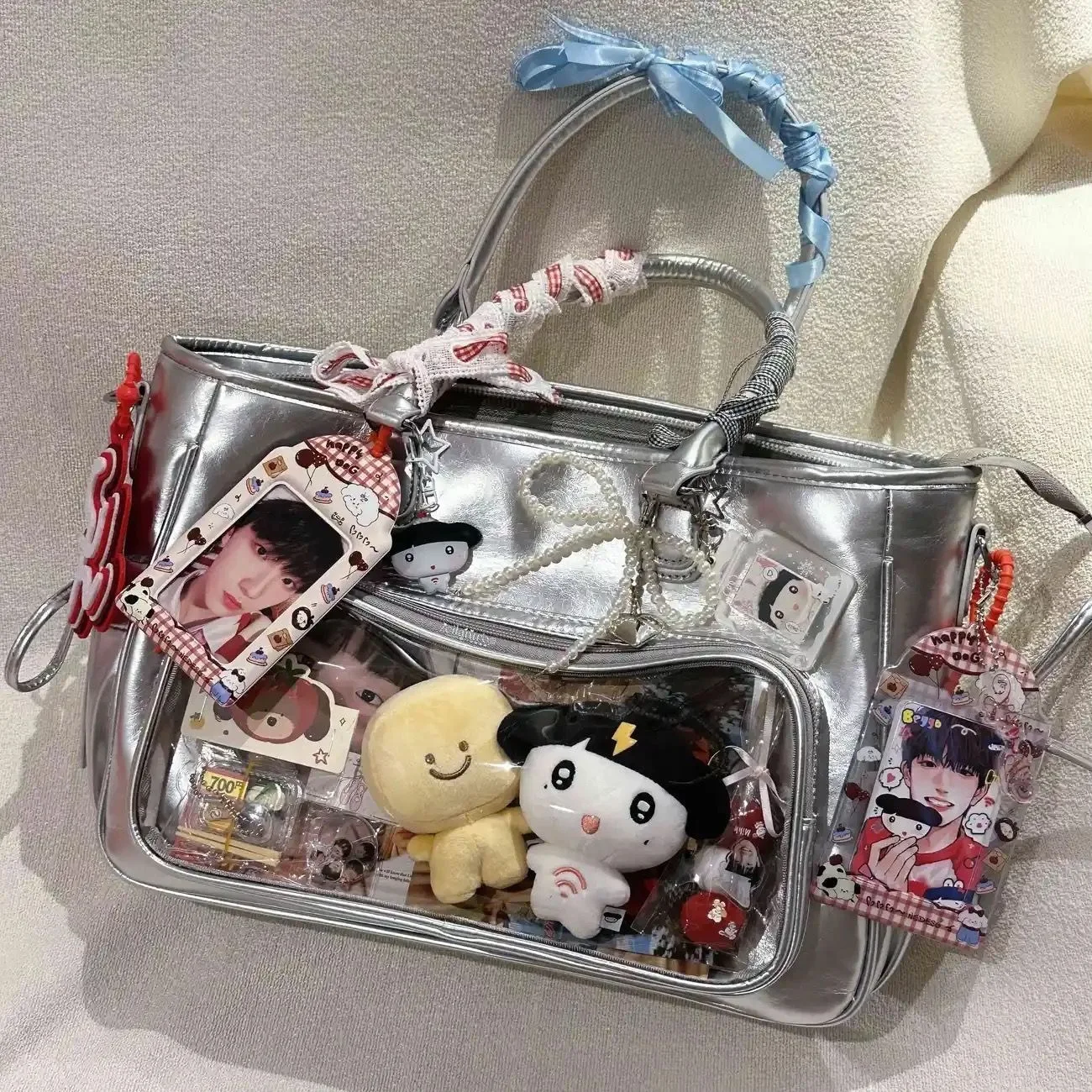 

Tote Bag for Women Large Capacity Shoulder Crossbody Handbag PU Leather Cartoon Printing Transparent Pocket Black Daily Casual