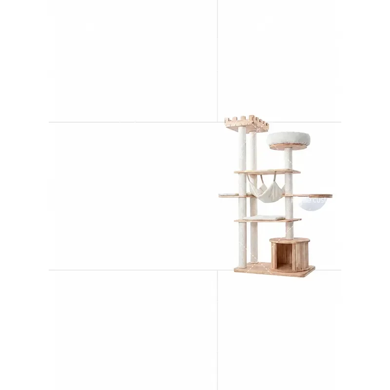 Solid Wood Cat Climbing Frame Integrated Rubber Wood Cat Tree Nest Castle for Large Cats