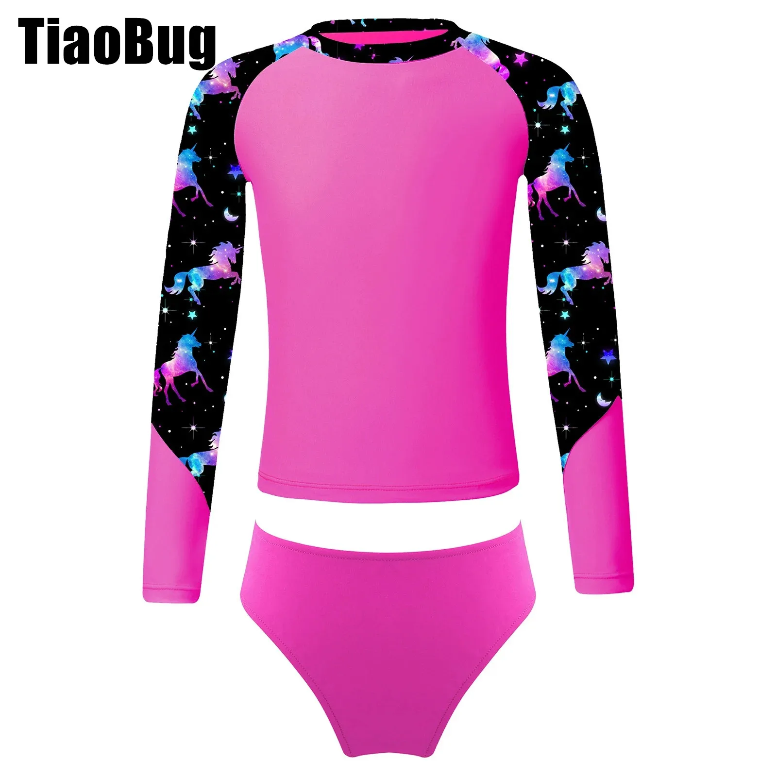 

2pcs Kids Girls Printed Patchwork Swimsuit Long Sleeve Rash Guards Tops with Briefs Outfit Beach Pool Swimming Bathing Suit