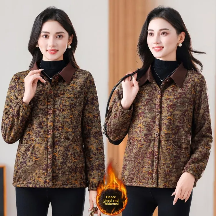 

Новая осенняя модная женская верхняя одежда для женщин среднего возраста, модель 5060, с цветочным принтом, длинными рукавами, на флисовой подкладке, с воротником-рубашкой, шикарная