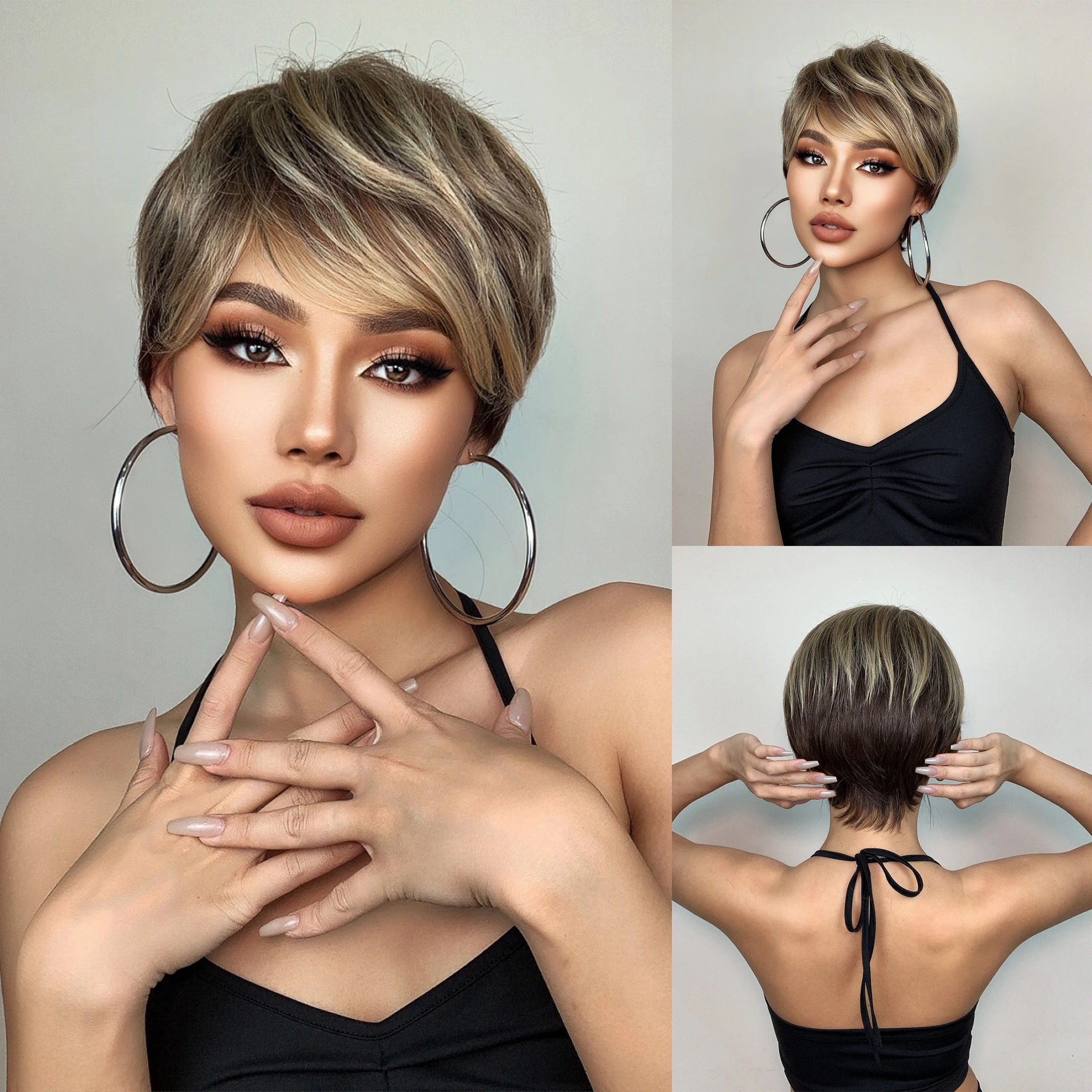 Short Brown Highlight Wig for Women, Pixie Cut
